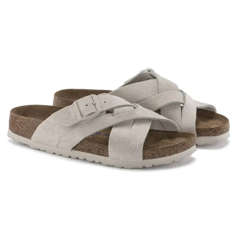 BIRKENSTOCK MEN'S LUGANO SUEDE SOFT FOOTBED SANDALS ANTIQUE WHITE NWOB EU 46